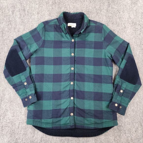 Orvis Jackets & Blazers - Orvis Shirt Womens Small Blue Green Plaid Fleece Lined Snap Shacket Elbow Patch